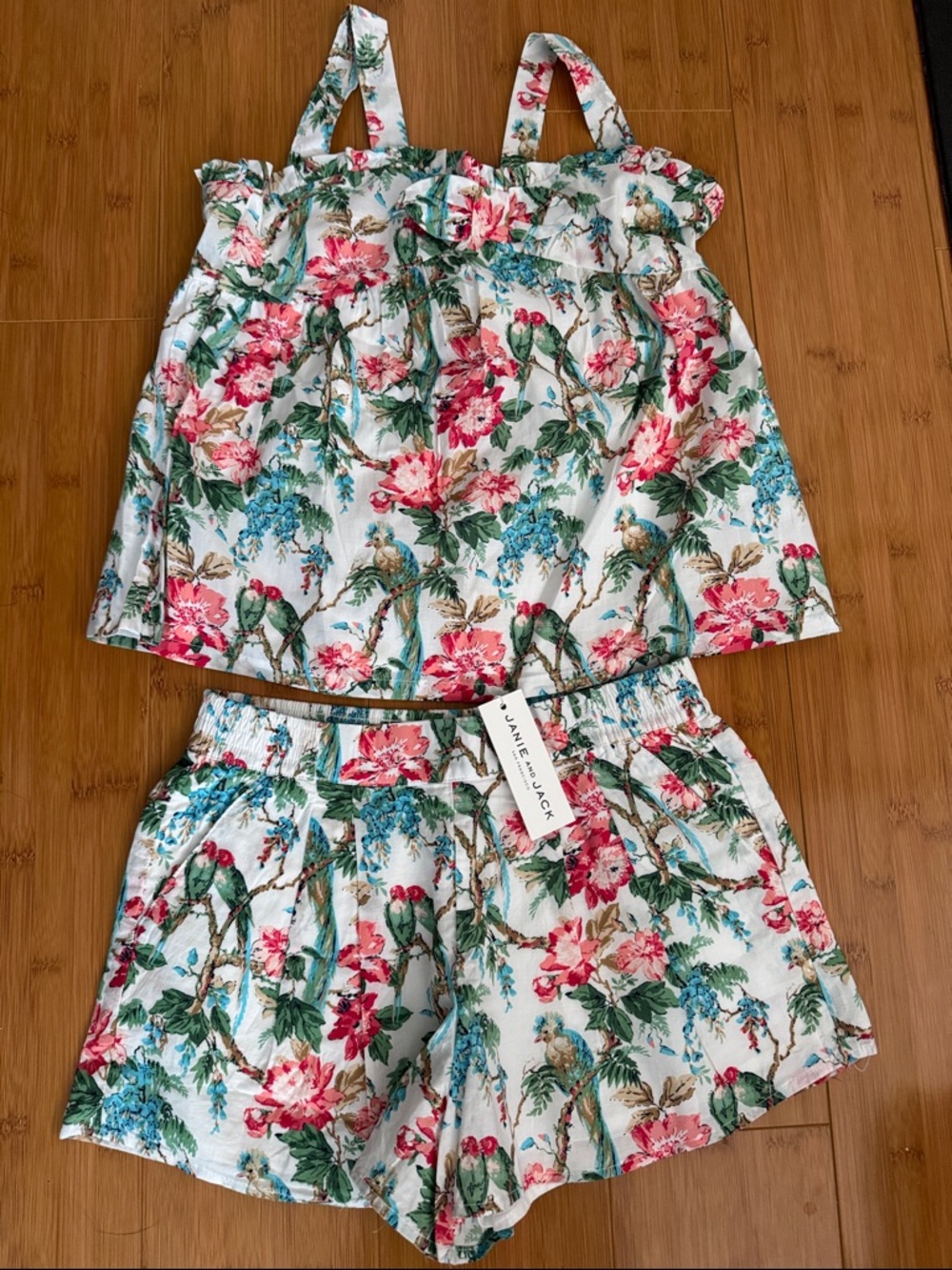 Janie and Jack White Floral & Parrot Print Tank and Shorts Set